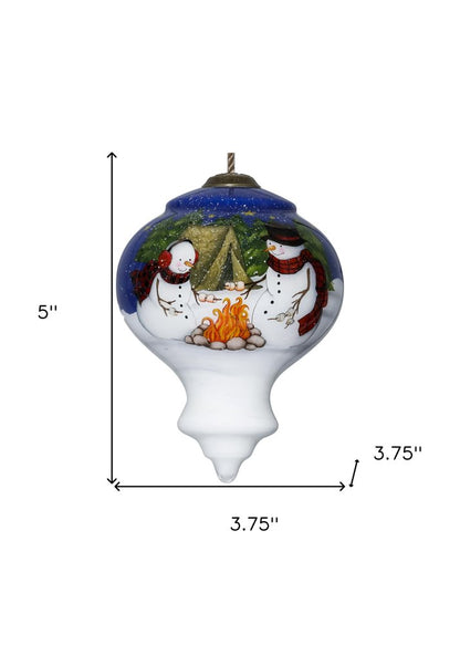 Love you Smore Snowman Hand Painted White Blue And Green Glass Finial Ornament HomeRoots