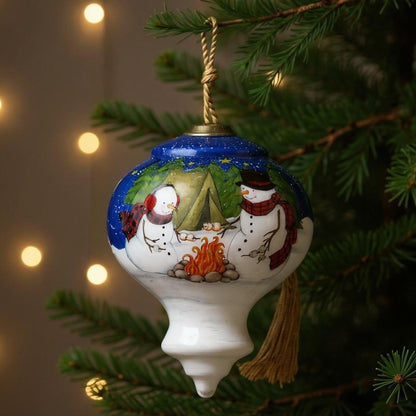 Love you Smore Snowman Hand Painted White Blue And Green Glass Finial Ornament HomeRoots