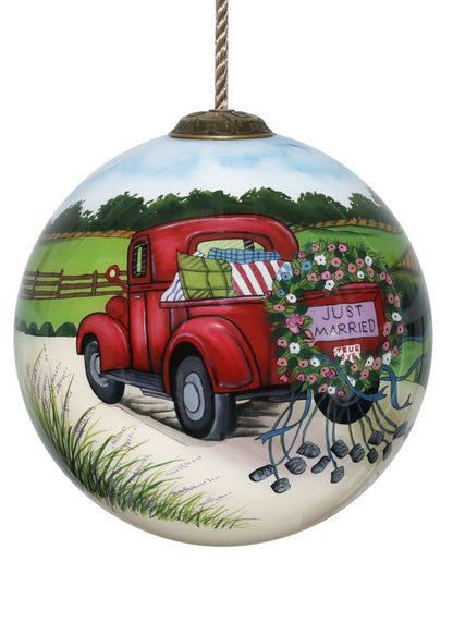 Just Married Hand Painted Red Green And White Glass Ball Ornament HomeRoots