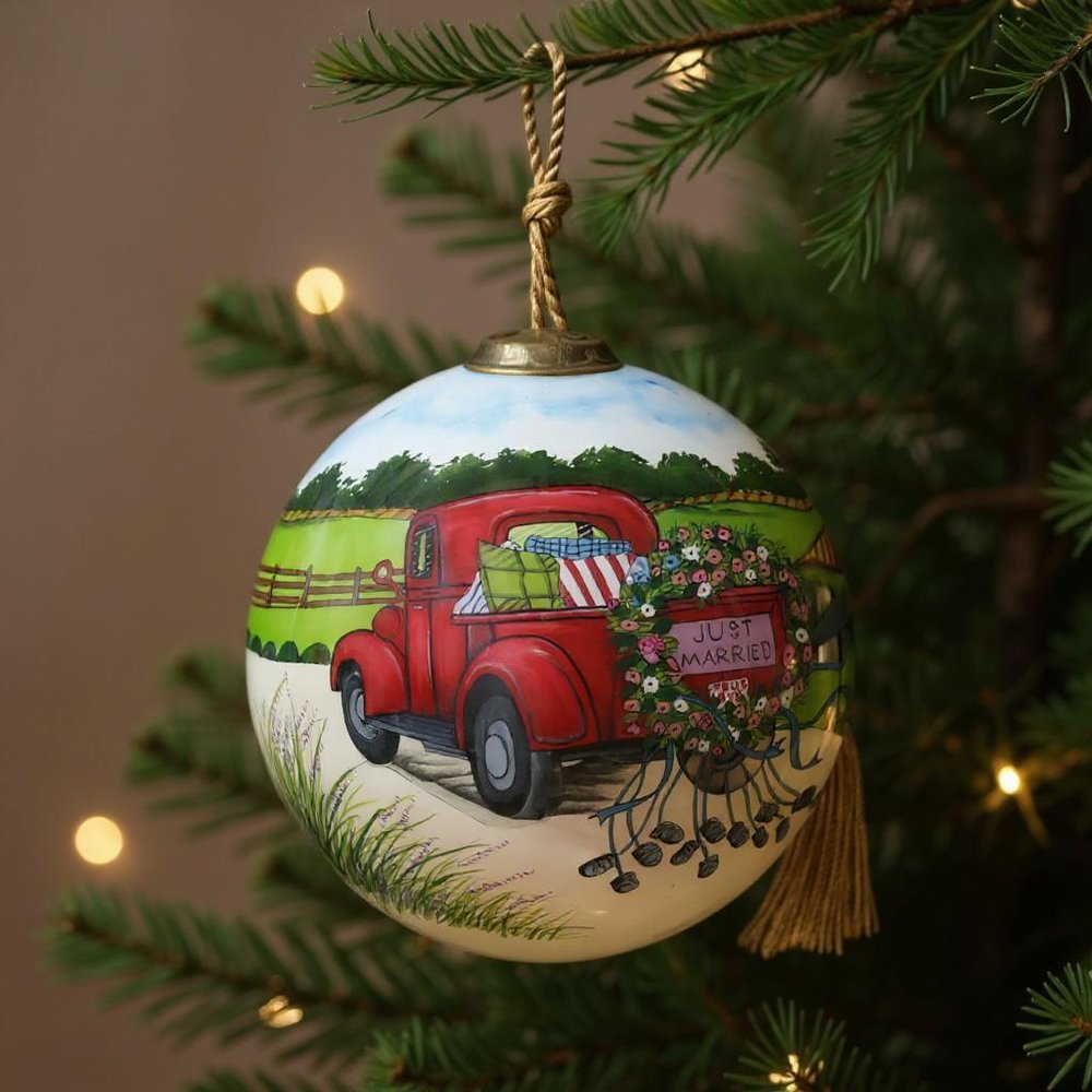 Just Married Hand Painted Red Green And White Glass Ball Ornament HomeRoots