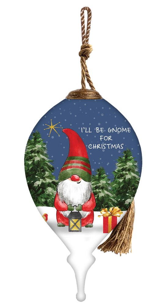Iell Be Gnome For Christmas Hand Painted Blue White And Red Glass Finial Ornament HomeRoots