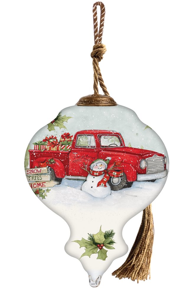 Red Truck Hand Painted Red White And Green Glass Finial Ornament HomeRoots