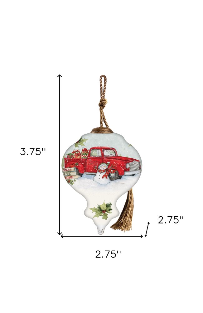 Red Truck Hand Painted Red White And Green Glass Finial Ornament HomeRoots