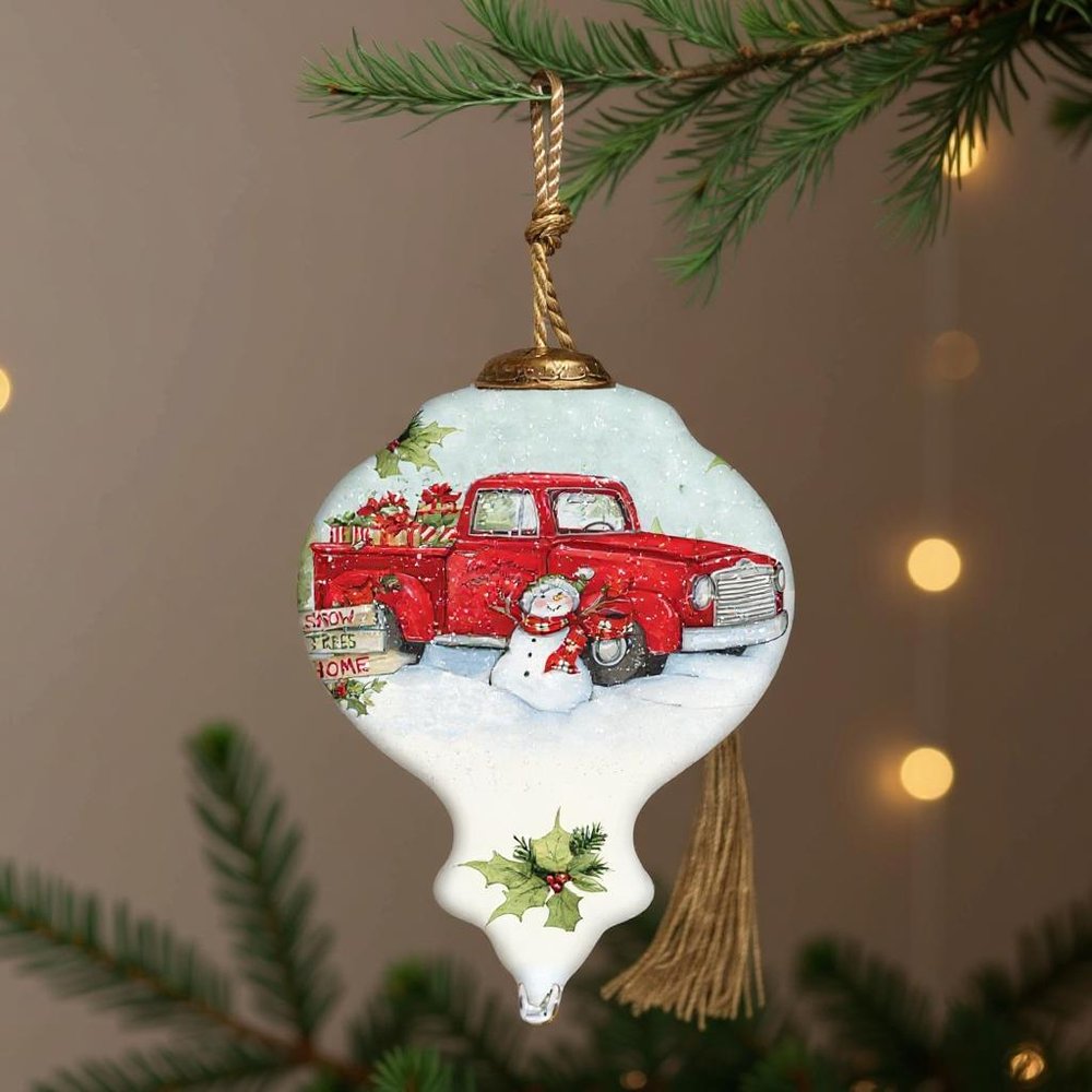 Red Truck Hand Painted Red White And Green Glass Finial Ornament HomeRoots