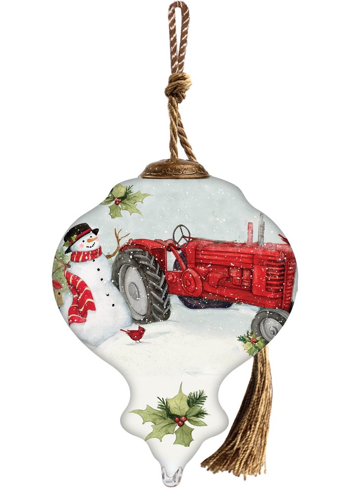 Christmas Red Tractor Hand Painted Red White And Green Glass Finial Ornament HomeRoots