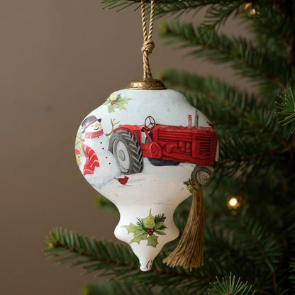 Christmas Red Tractor Hand Painted Red White And Green Glass Finial Ornament HomeRoots
