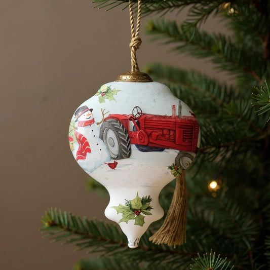 Christmas Red Tractor Hand Painted And Mouth Blown Green Red And White Glass Finial Ornament HomeRoots