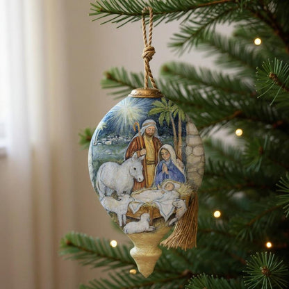 Holy Night Hand Painted Blue White And Green Glass Finial Ornament HomeRoots