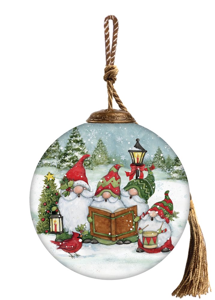 Caroling with my Gnomies Hand Painted Red Green And White Glass Ball Ornament HomeRoots