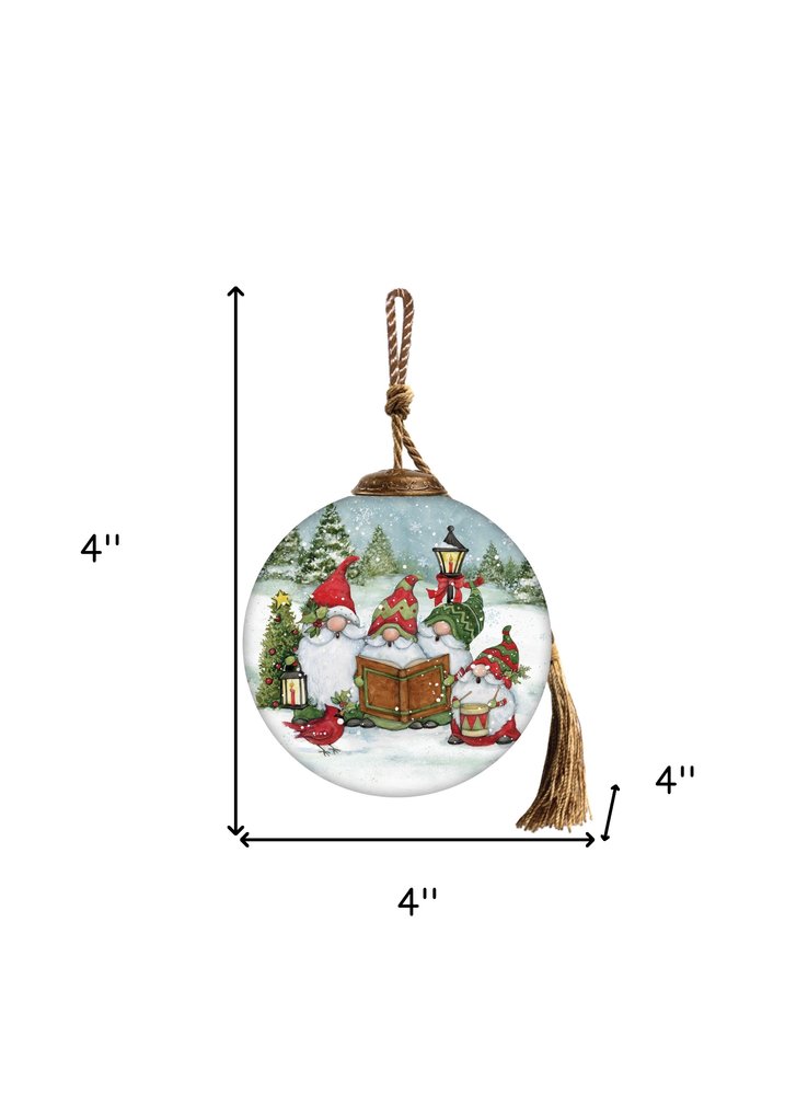 Caroling with my Gnomies Hand Painted Red Green And White Glass Ball Ornament HomeRoots