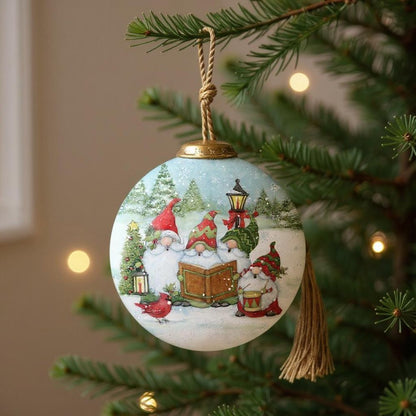 Caroling with my Gnomies Hand Painted Red Green And White Glass Ball Ornament HomeRoots