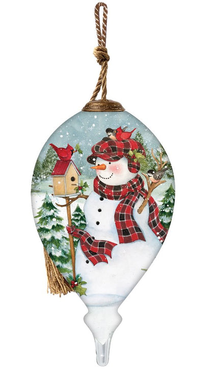 Holiday Lodge Snowman Hand Painted Green Red And White Glass Finial Ornament HomeRoots