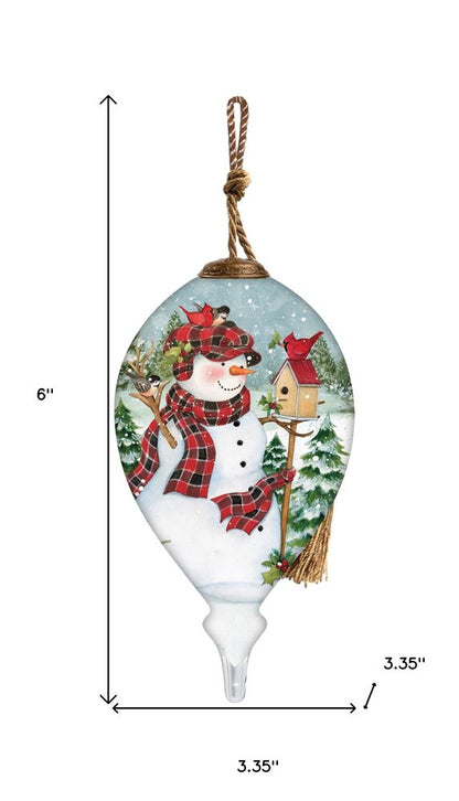 Holiday Lodge Snowman Hand Painted Green Red And White Glass Finial Ornament HomeRoots