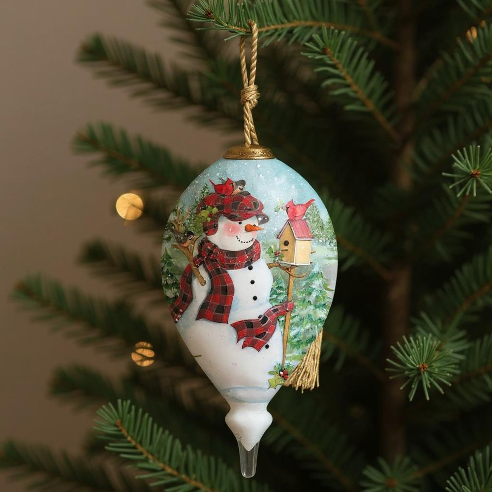 Holiday Lodge Snowman Hand Painted Green Red And White Glass Finial Ornament HomeRoots