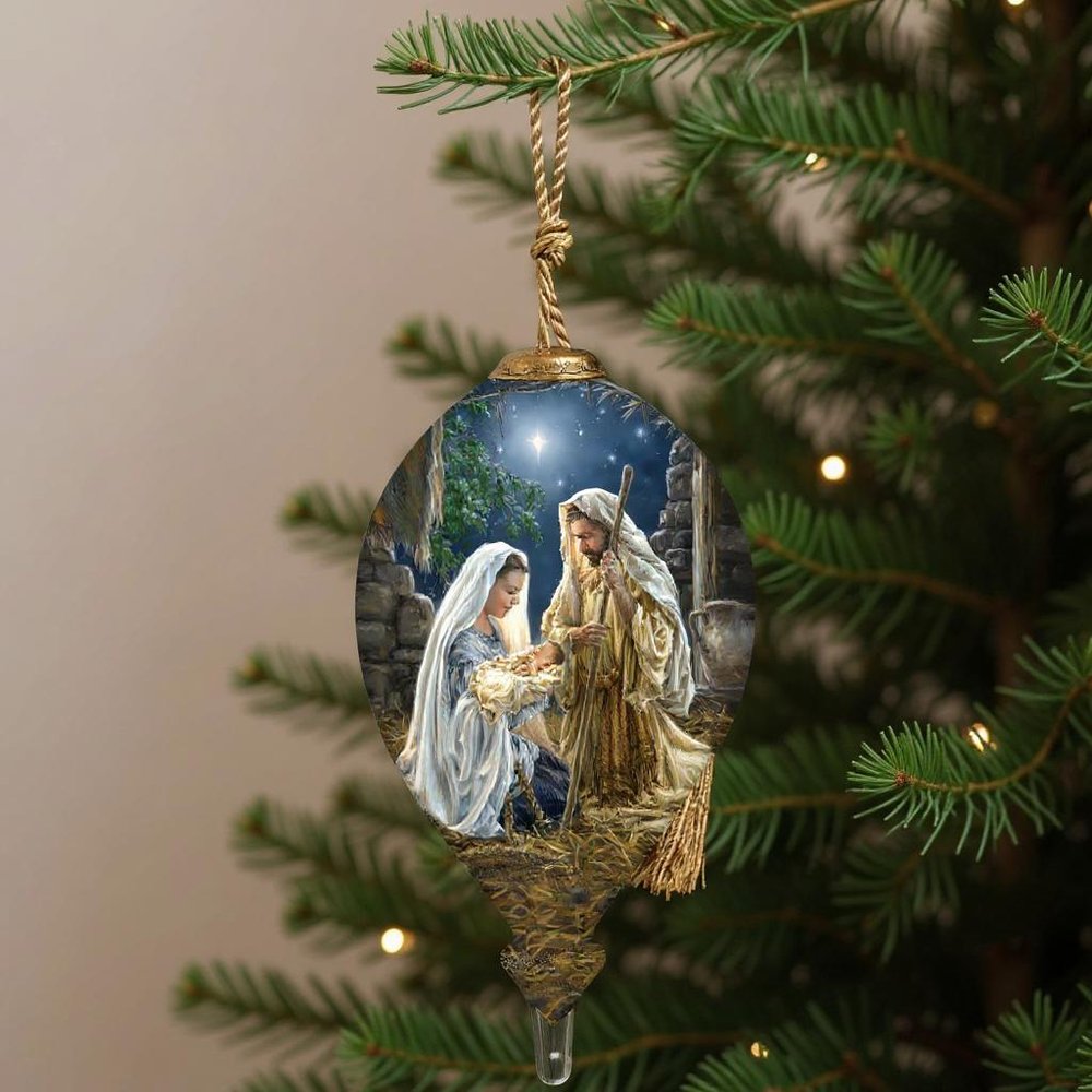 Glory To God Religious Hand Painted Blue Brown And White Glass Finial Ornament HomeRoots
