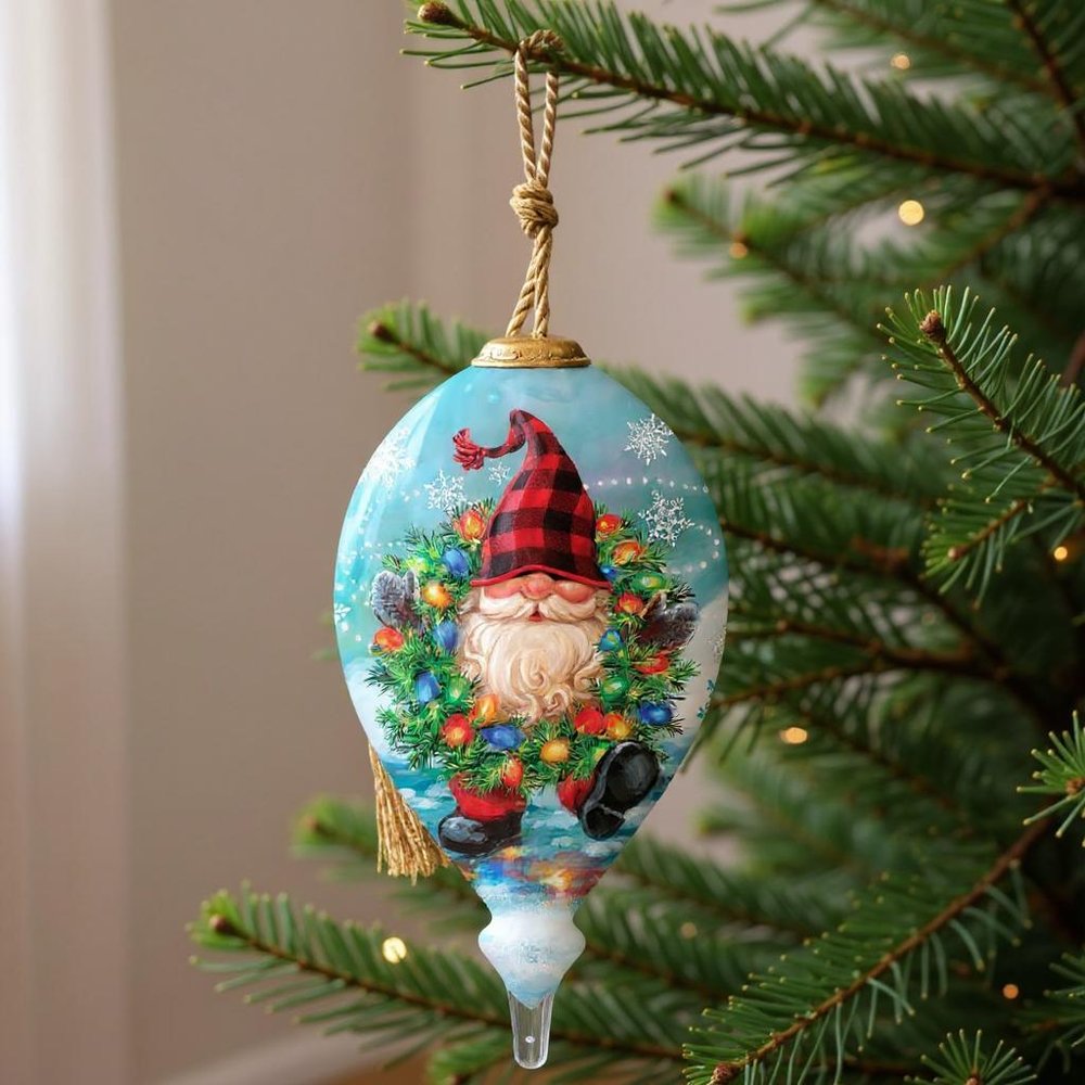 Gnome for Christmas Hand Painted Blue Red And White Glass Finial Ornament HomeRoots