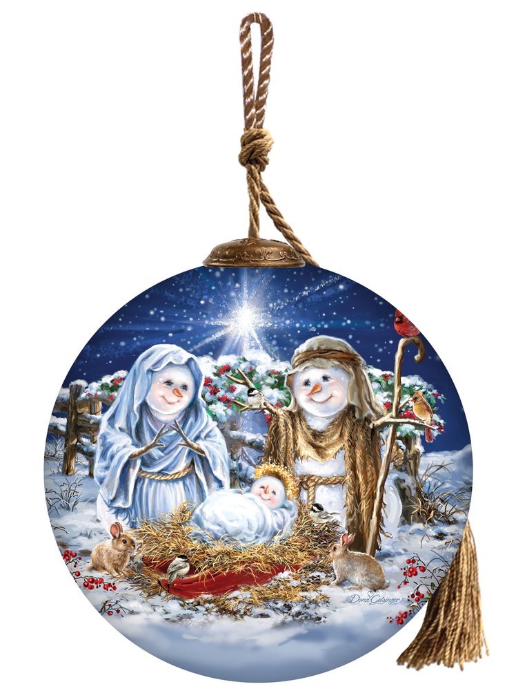 Snow Family Nativity Hand Painted Blue White And Red Glass Ball Ornament HomeRoots