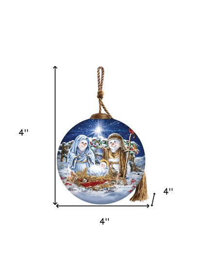 Snow Family Nativity Hand Painted Blue White And Red Glass Ball Ornament HomeRoots