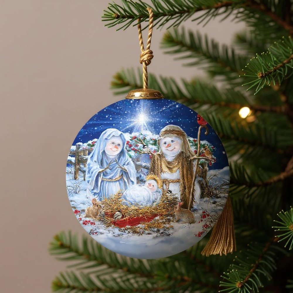 Snow Family Nativity Hand Painted Blue White And Red Glass Ball Ornament HomeRoots
