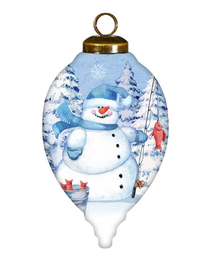 Ice Fishing Snowman Hand Painted White Blue And Red Glass Finial Ornament HomeRoots