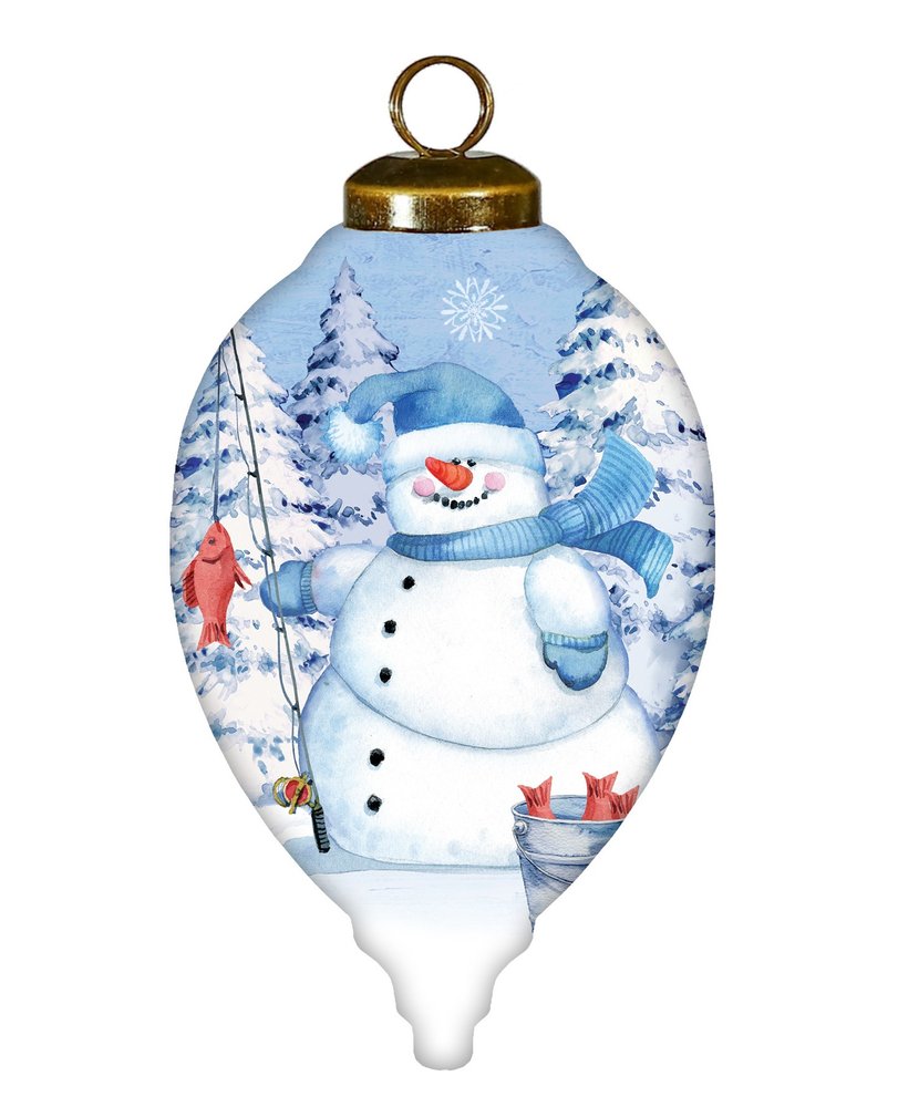 Ice Fishing Snowman Hand Painted White Blue And Red Glass Finial Ornament HomeRoots