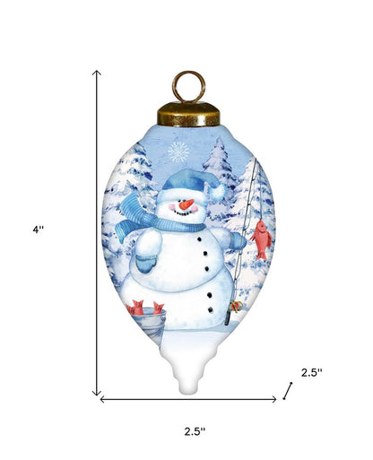 Ice Fishing Snowman Hand Painted White Blue And Red Glass Finial Ornament HomeRoots