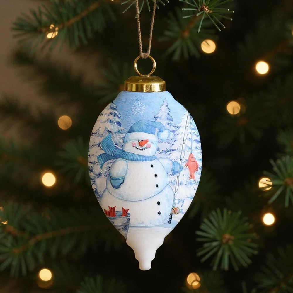 Ice Fishing Snowman Hand Painted White Blue And Red Glass Finial Ornament HomeRoots