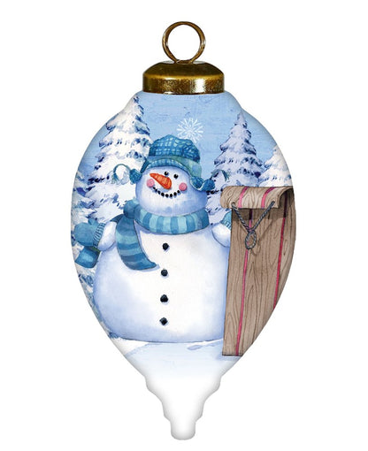 Sled Snowman Hand Painted White Blue And Brown Glass Finial Ornament HomeRoots
