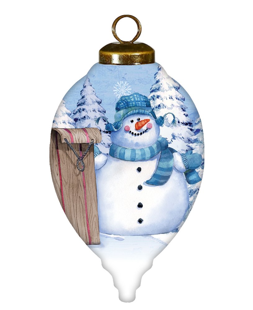 Sled Snowman Hand Painted White Blue And Brown Glass Finial Ornament HomeRoots