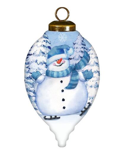 Ice Skating Snowman Hand Painted White And Blue Glass Finial Ornament HomeRoots