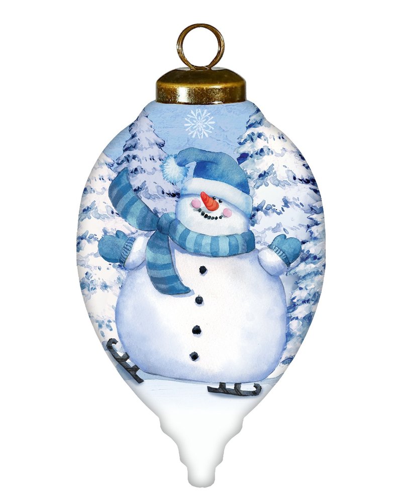 Ice Skating Snowman Hand Painted White And Blue Glass Finial Ornament HomeRoots
