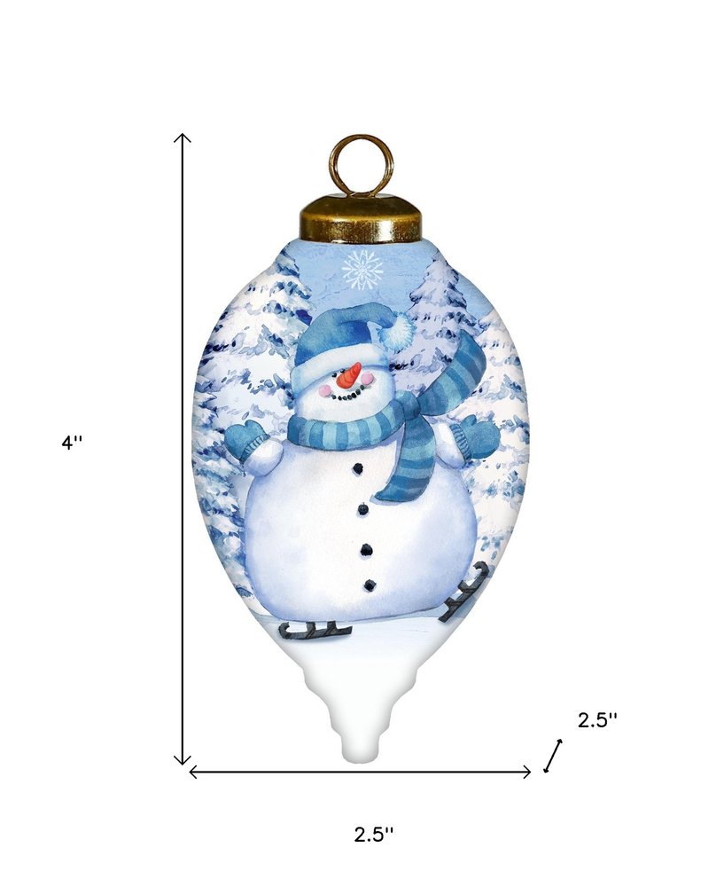 Ice Skating Snowman Hand Painted White And Blue Glass Finial Ornament HomeRoots