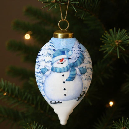 Ice Skating Snowman Hand Painted White And Blue Glass Finial Ornament HomeRoots