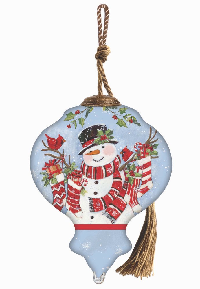 Snowman with Stockings Hand Painted Blue White And Red Glass Finial Ornament HomeRoots