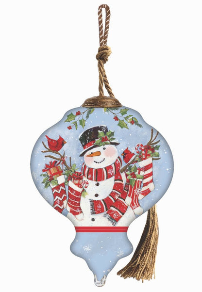 Snowman with Stockings Hand Painted Blue White And Red Glass Finial Ornament HomeRoots