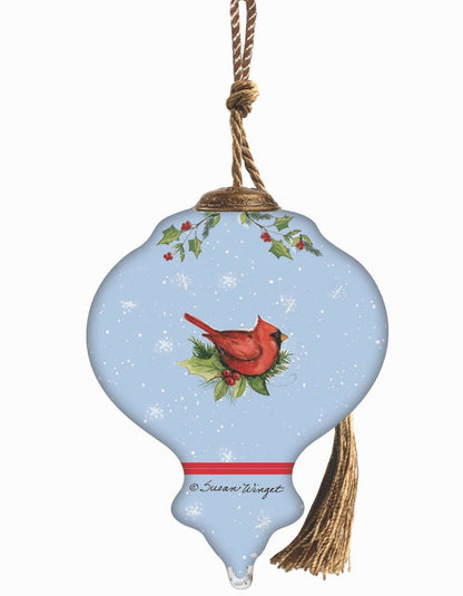 Snowman with Stockings Hand Painted Blue White And Red Glass Finial Ornament HomeRoots