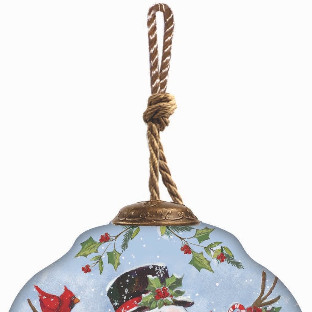 Snowman with Stockings Hand Painted Blue White And Red Glass Finial Ornament HomeRoots