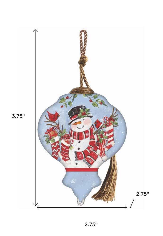 Snowman with Stockings Hand Painted Blue White And Red Glass Finial Ornament HomeRoots