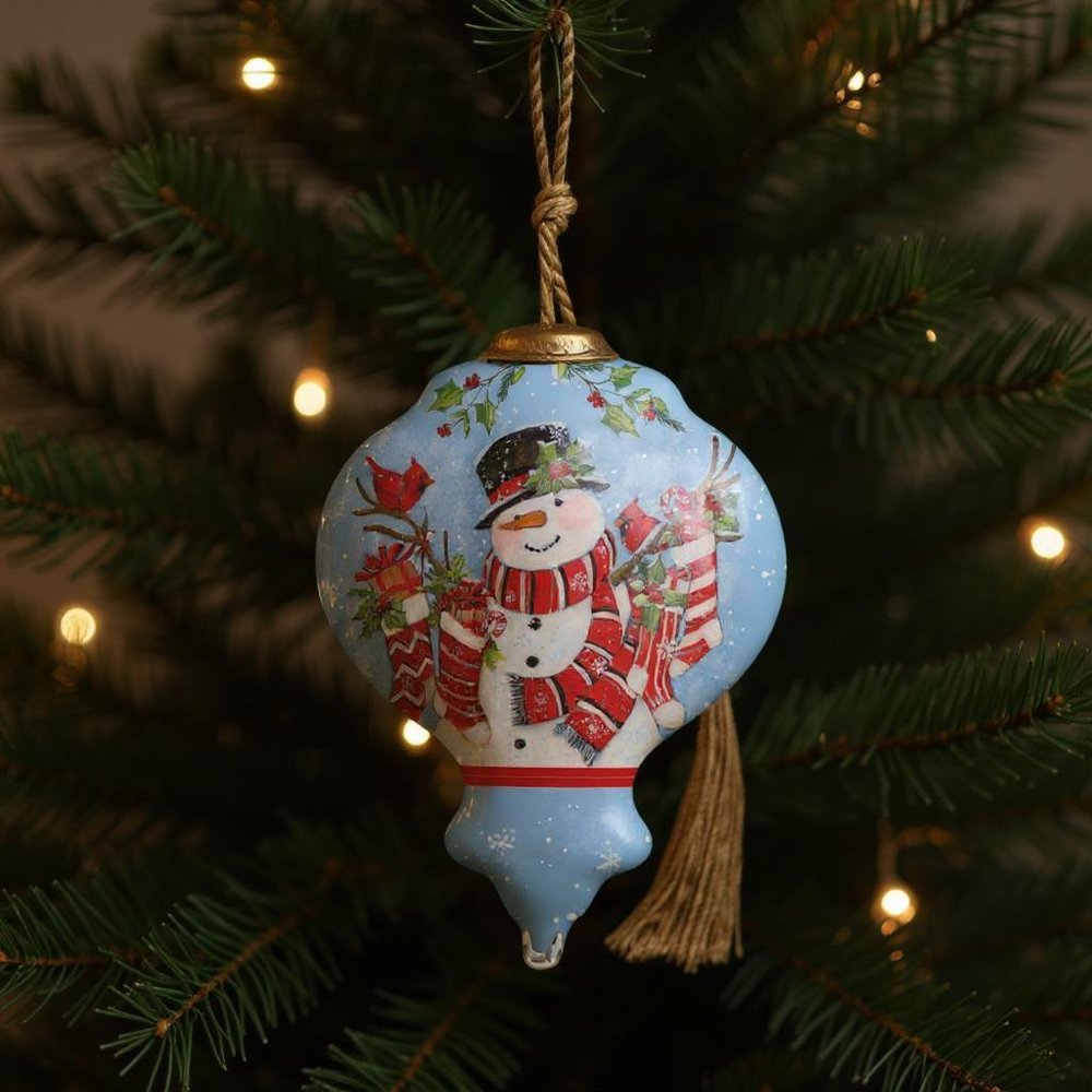 Snowman with Stockings Hand Painted Blue White And Red Glass Finial Ornament HomeRoots
