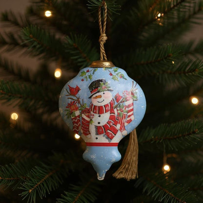 Snowman with Stockings Hand Painted Blue White And Red Glass Finial Ornament HomeRoots