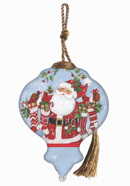 Santa with Stockings Hand Painted Blue White And Red Glass Finial Ornament HomeRoots