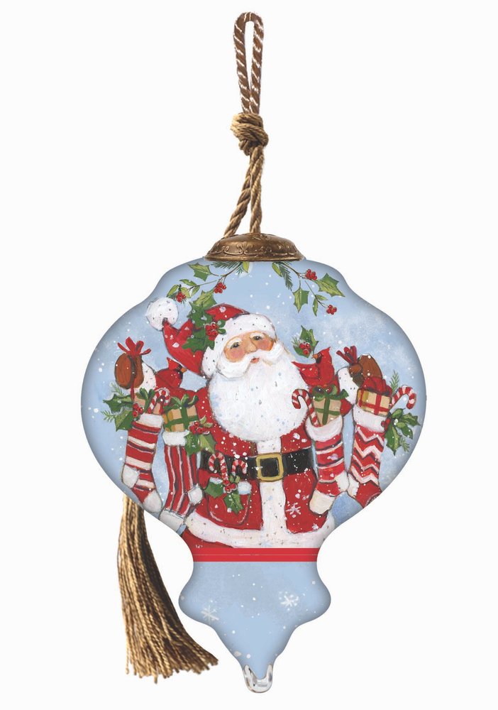 Santa with Stockings Hand Painted Blue White And Red Glass Finial Ornament HomeRoots