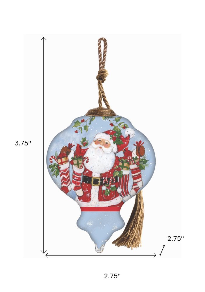 Santa with Stockings Hand Painted Blue White And Red Glass Finial Ornament HomeRoots