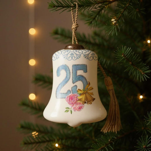 25 Years of Love Hand Painted And Mouth Blown Light Blue Silver And White Glass Holiday Shaped Ornament HomeRoots