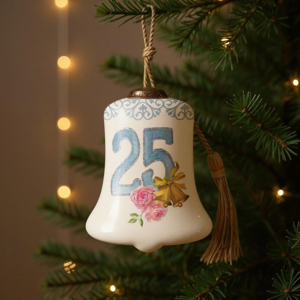 25 Years of Love Hand Painted Silver White And Light Blue Glass Holiday Shaped Ornament HomeRoots