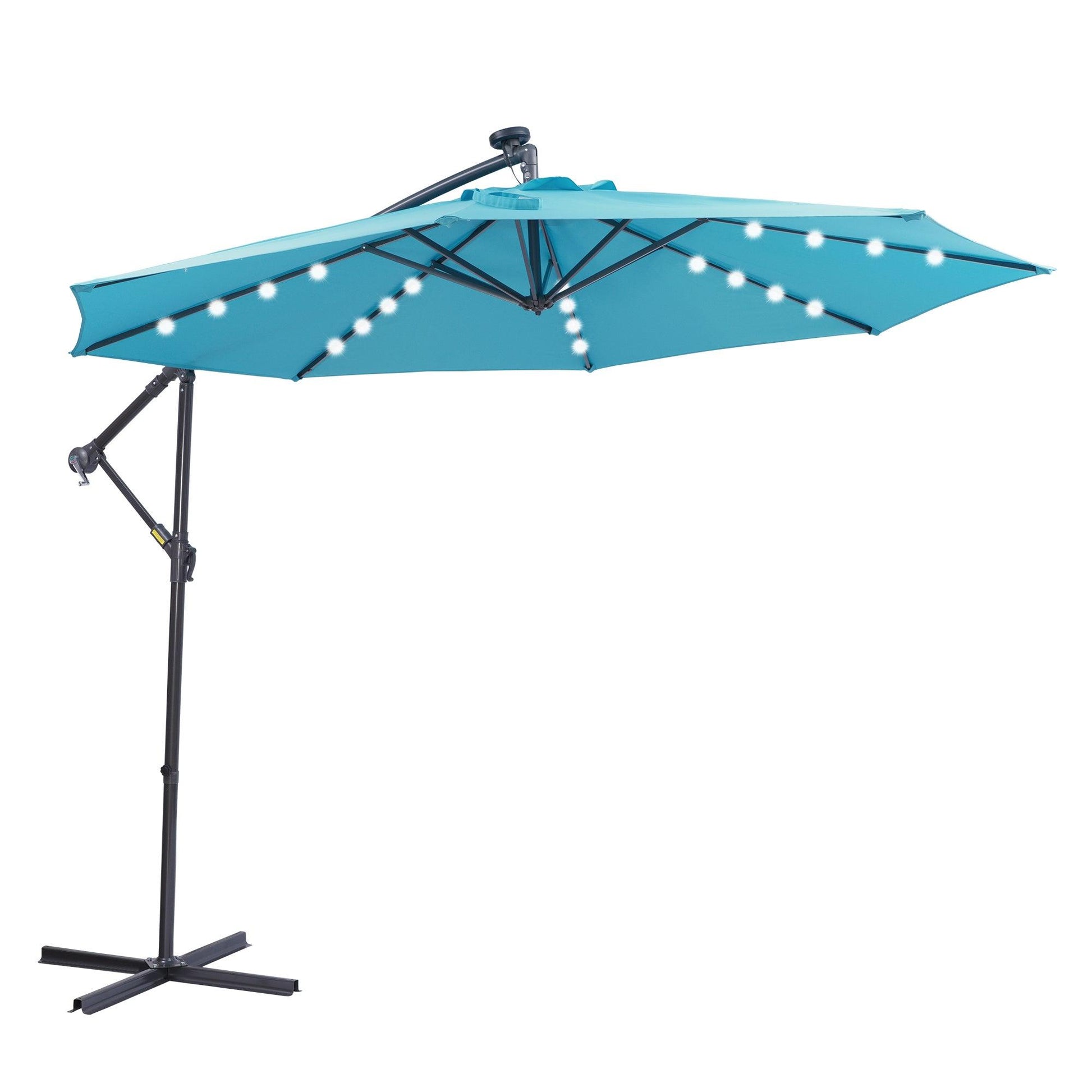 10 FT Solar LED Patio Outdoor Umbrella Hanging Cantilever Umbrella Offset Umbrella Easy Open Adustment with 32 LED Lights - FurniFindUSA