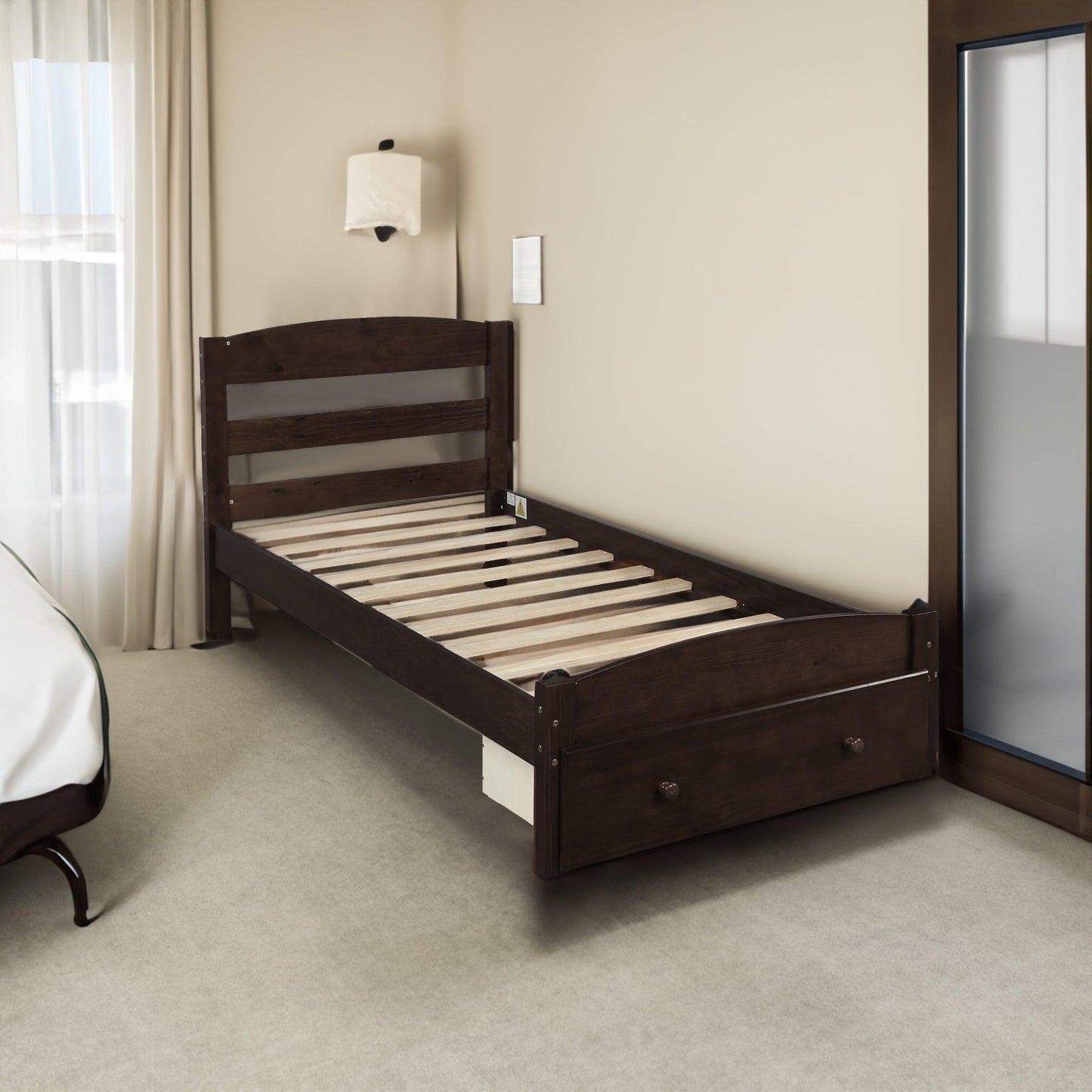 Platform Twin Bed Frame with Storage Drawer and Wood Slat Support No Box Spring Needed Espresso - FurniFindUSA