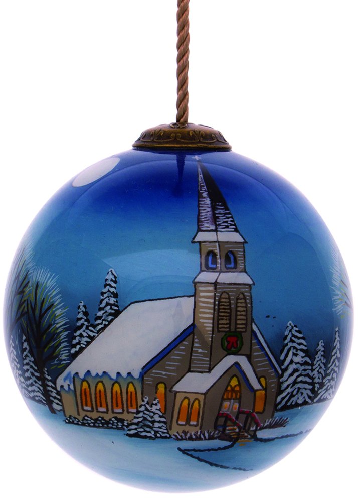 Snowy Church Christmas Hand Painted Blue And White Glass Ball Ornament HomeRoots