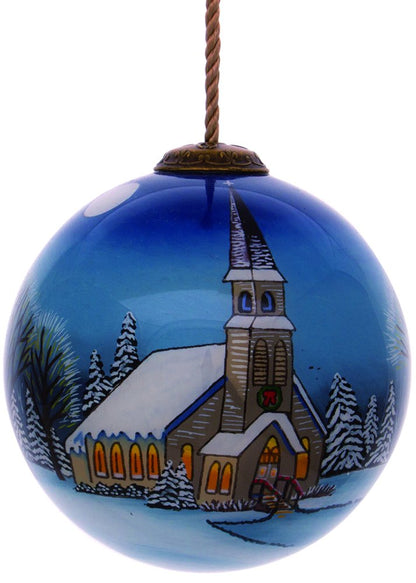 Snowy Church Christmas Hand Painted Blue And White Glass Ball Ornament HomeRoots