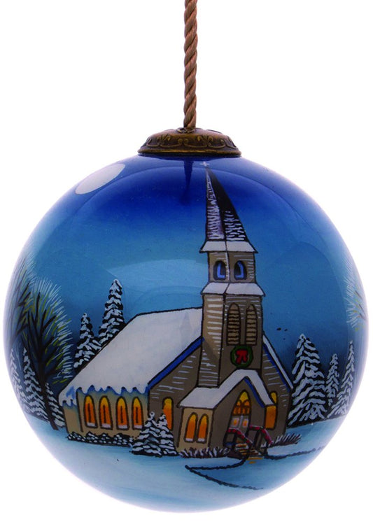 Snowy Church Hand Painted And Mouth Blown Blue And White Glass Ball Ornament